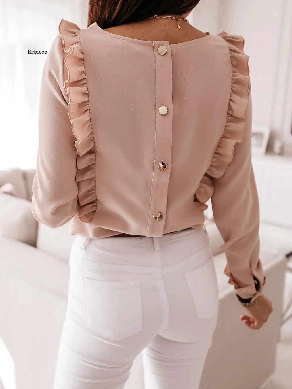 

Spring Autumn Lady Shirts O Neck Ruffle Blouse Elegant Office Back Metal Buttons Blouses Casual Long Sleeve Women Blusa Tops