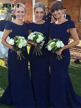 

In Stock Navy Blue Mermaid Bridesmaid Dresses Long Wedding Party Dress Elastic Satin Thick Sweep Train Bridesmaid Dress