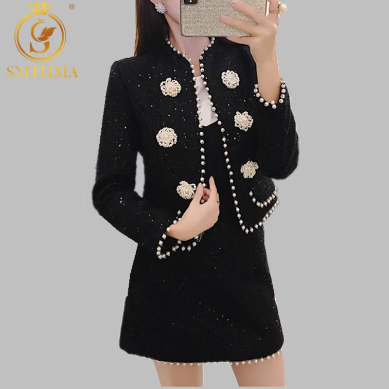 

High quality Luxury Designer Runway Autumn Winter Women Manual Beads Fashion 2 Piece Tweed Set Elegant Short Coat + Skirt Suit