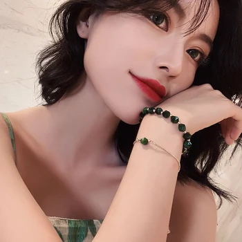 

Geometric Natural Stone Charm Bracelet for Women Gold Color Link Chain Jewelry 2Pieces Green Stone Beads Strand Bracelets Sets