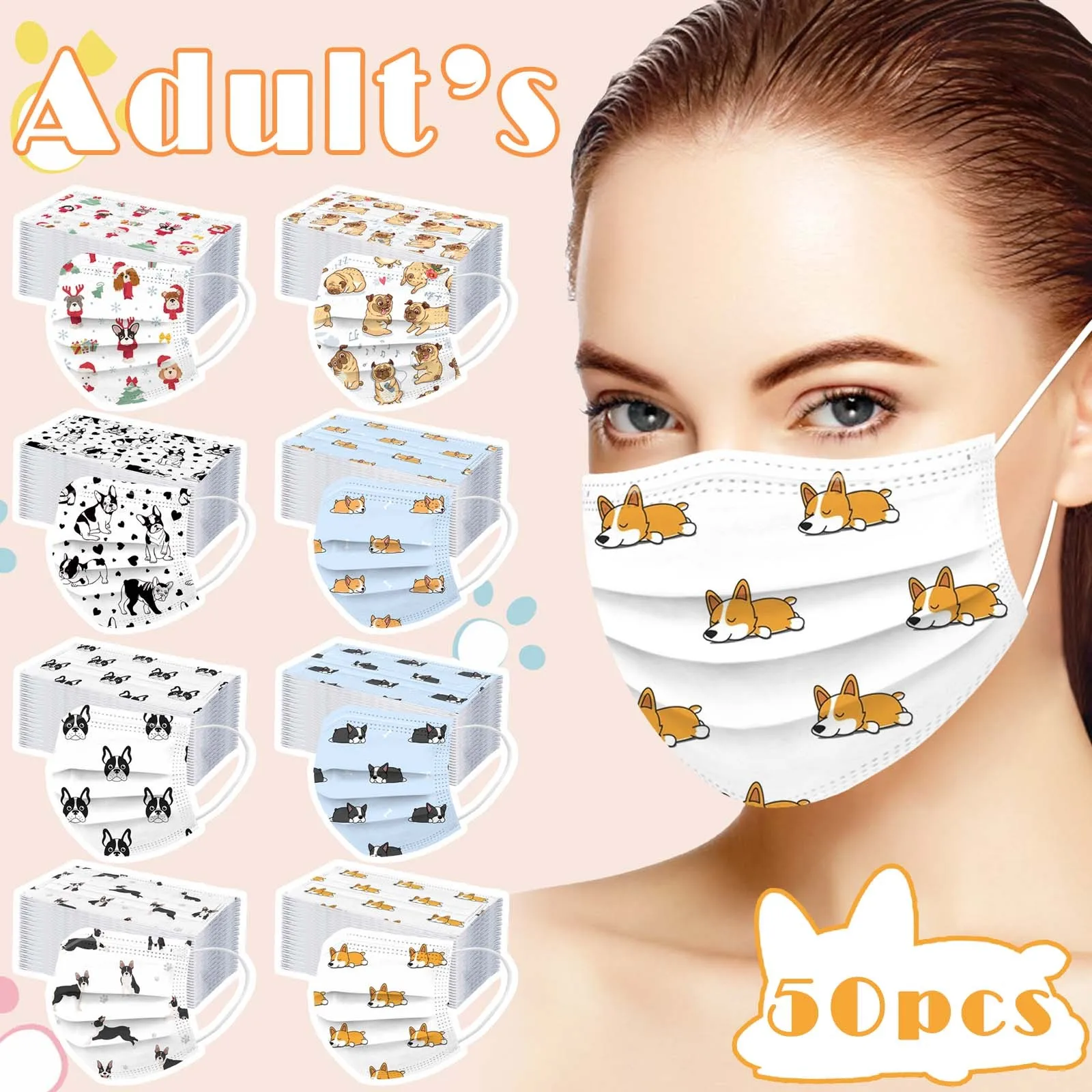 Disposable Adults Masks 50PCS cartoon Dog Print Face Mask 3 Ply Earloop Masks Mouth cover Mondmasker Halloween Cosplay facemask, superhero mask