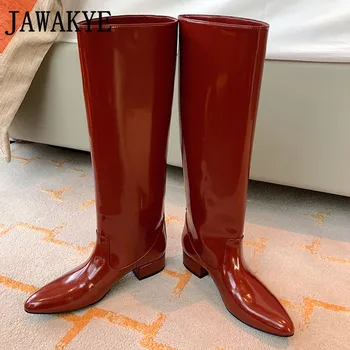 

Comfort Heel Shiny Red Leather Knee High Boots Winter Women's Black Long Boots Formal Ladies Winter Shoes Zapatos Mujer