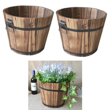 

2x Wooden Bucket Barrel Planters Rustic Succulent Planter Box Barrels Flower Pot