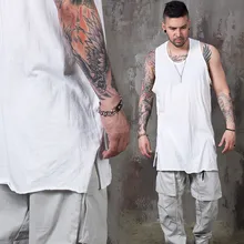 Уличная Повседневная модная Удлиненная майка с боковым отверстием мужские свободные облегающие жилеты необработанные края мужские топы удобная посадка