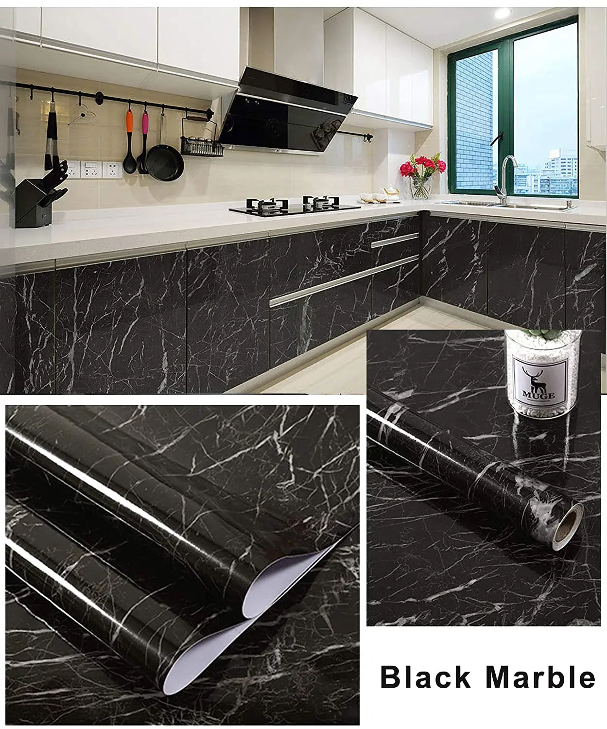 Livelynine Black Marble Wallpaper For Kitchen Counter Top Covers Black
