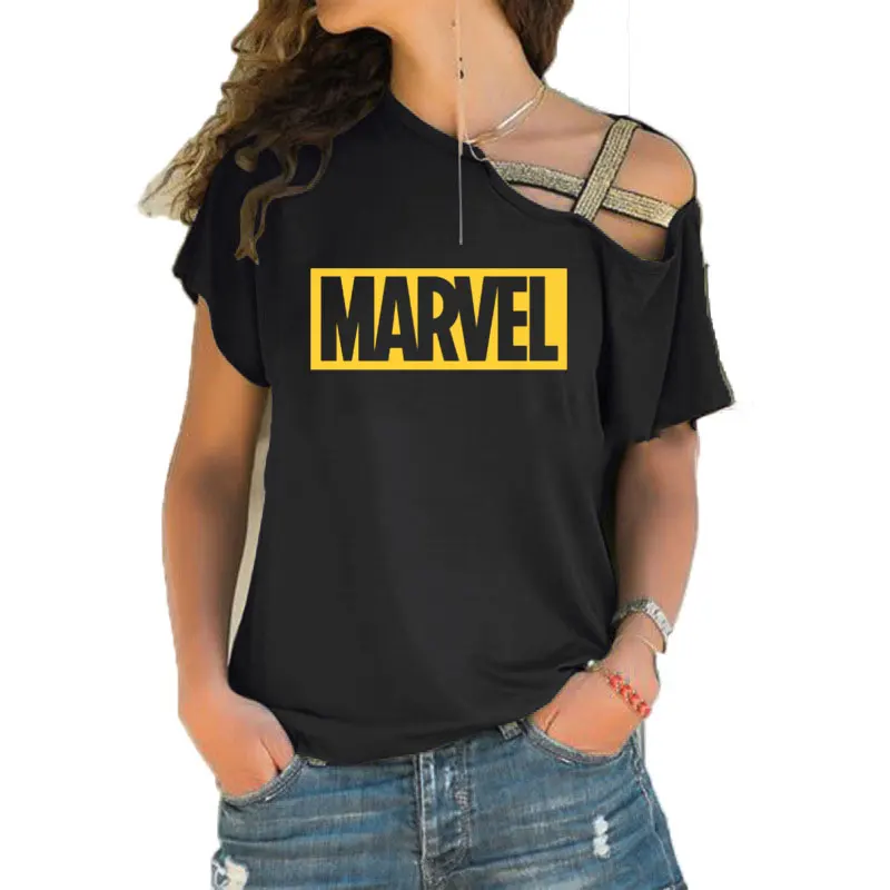 Панк Рок MARVEL печати хлопок плюс размер футболка Женская Сексуальная Милая футболка топы Харадзюку Повседневная Асимметричная Skew крест футболка