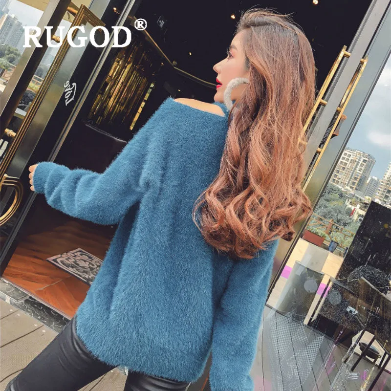 RUGOD, новая осенняя Женская одежда с открытыми плечами, мохер, свободный мягкий свитер, пуловер, модный Женский вязаный пуловер, женский свитер, топы