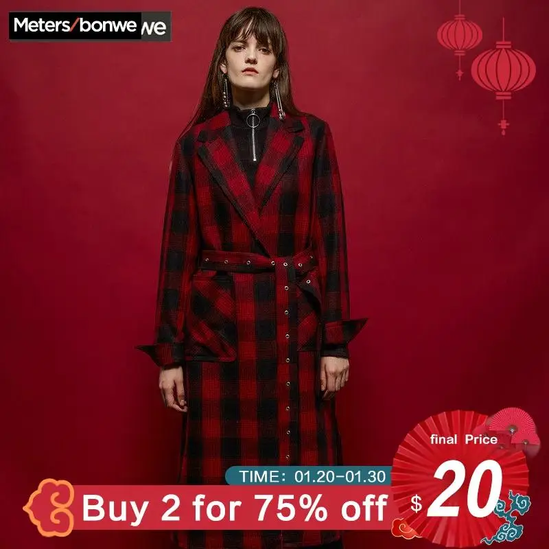 Beste Metersbonwe Lange Wol Mix Jas Vrouwen Verstelbare Riem Turn Down Kraag Uitloper Slanke Rode Jas Winter Elegante Overjas