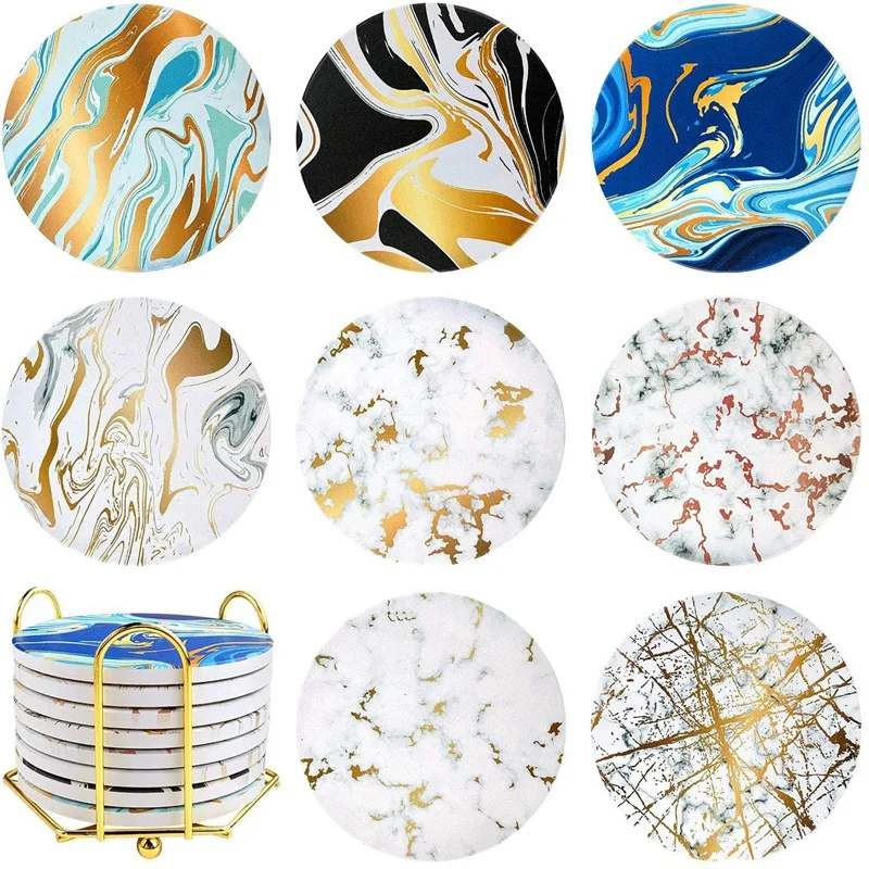 Coasters With Metal Holder Stand Marble Pattern Stone Bar Set Cork Base Cup Ceremic Coaster For Gifts Home |