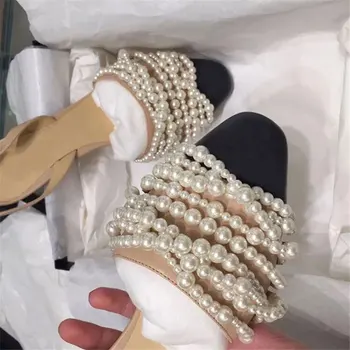 

2019 autumn new women's slippers Baotou shallow mouth color matching pearl buckle low heel sandals women