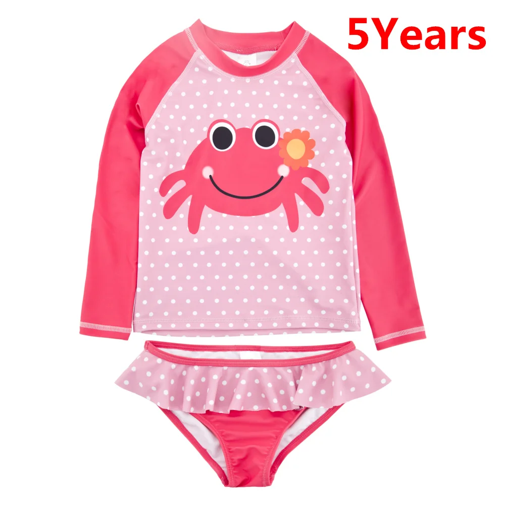 Kavkas Kids Girls Two Pieces Swimming Set Summer Baby Girls Swimwear Crab Printed Swimsuit Infantil Falbala Rash Guards Set - Color: 5Years