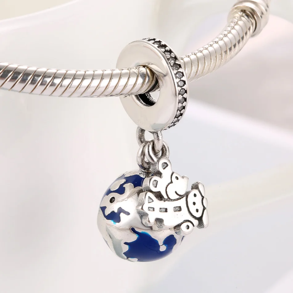 

S925 Sterling Silver Pendant Bead Blue Cartoon Mouse Globe Dangle Charm fit Lady Bracelet Bangle
