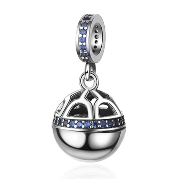

fine New 925 sterling silver hollow round ball pendant charm blue Stone beads fit original European bracelet for women gift