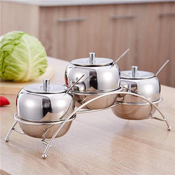 

Multi-Functional Stainless Steel Condiment Seasoning Containers Pots Set, Salt Pepper Sugar Storage Organizers with Serving Spoo