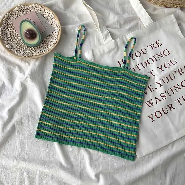 GREEN HELIAR Croped Spaghetti Camisole Rainbow Striped Knitted Camisole Summer Ladies Sleeveless Sexy Slim Femme Strapless Camis - Цвет: GREEN