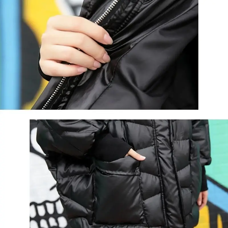 Women Black Winter Jacket New Bat Sleeve Loose Long Section Down Cotton Padded Street Style Fashion Coat Plus Size