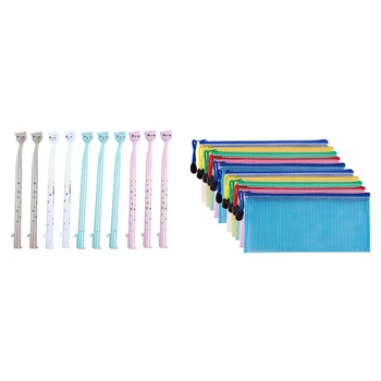 

10x Creative Stationery Roller Ball Pen, Tip Pens (Cartoon Cats) & 10 Pieces Zipper File Pouch Grid Document Bag Multipurpose St