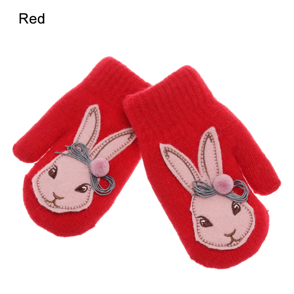 1Pair Cute Kids Girls Cartoon Rabbit Gloves Winter Full Fingers Thicken Warm Gloves Rabbit Hair Wool Mittens New Fashion - Цвет: red