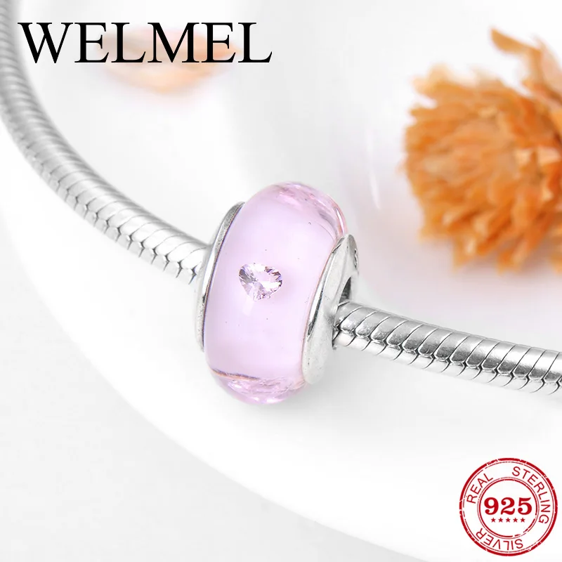 

100% Authentic 925 Sterling Silver Cozy light pink heart Murano Glass Beads Fit Original Pandora Charms Bracelet Jewelry
