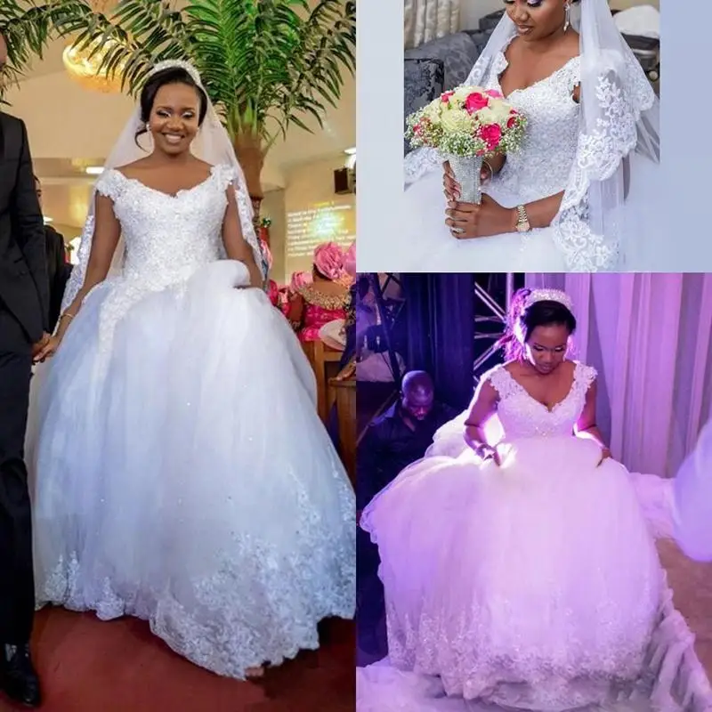 

African Wedding Dresses Ball Gown Beaded Lace Church Dress V Neck Appliques Garden Gowns Plus Size Bridal