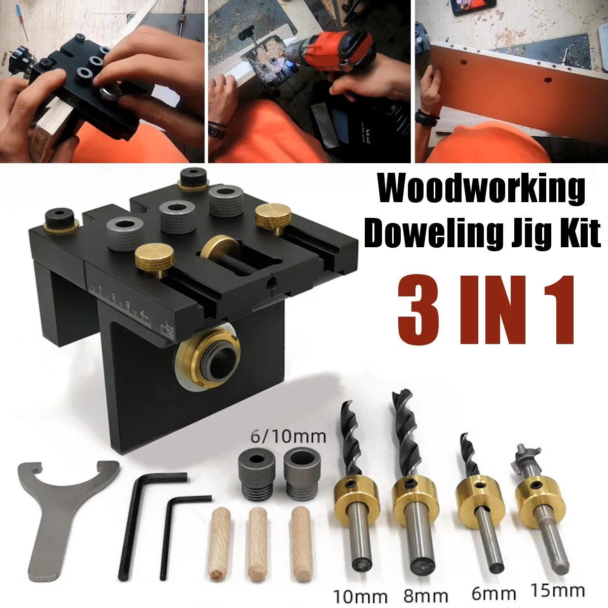 

3 in 1 Woodworking Doweling Jig Kit With Positioning Clip Adjustable Drilling Guide Puncher Locator Carpentry Tools