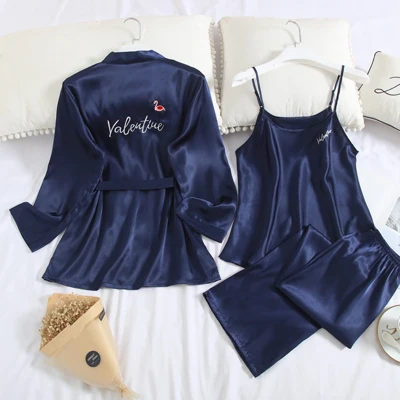 Fiklyc нижнее белье из трех частей женские атласные милые и сексуальные пижамы с длинными рукавами наборы тонкий дизайн женская ночная рубашка пижамы - Цвет: blue set