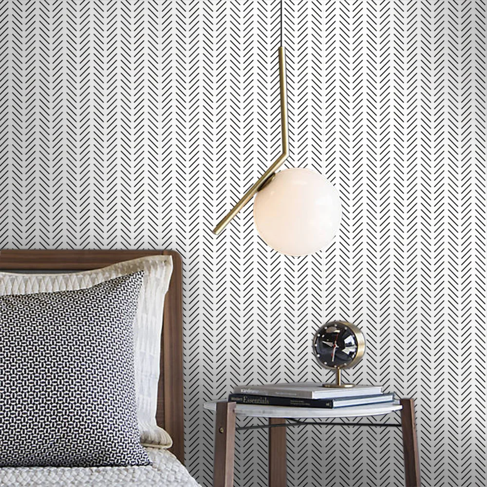 Black and White Geometry Prepasted Self-Adhesive Wallpaper Herringbone Lines Modern Stripe Vinyl Peel and Stick Wallpaper Wall