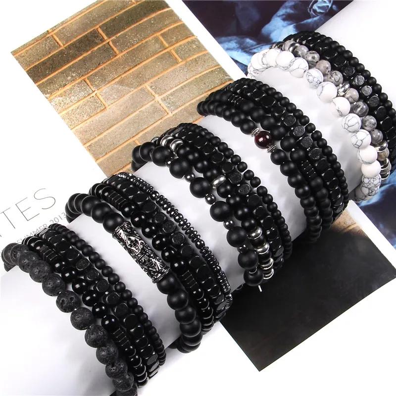 4pcs/set Multilayer Black Male Bracelets Fashion Classic Elastic Lava Vintage Bracelet Trendy Jewelry For Men Women Dropshipping | Украшения