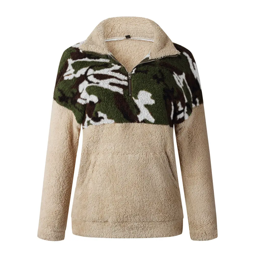 Шерпа флисовый свитер женский Камуфляжный Пушистый пуловер с косой молнией плюс размер 3XL Тедди свитера Зима Осень Теплый Камуфляж Топы