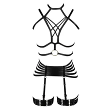 Черный бюстгалтер без косточек с эластичными жгутами, корректирующий бюстгальтер больших размеров, бюстгальтер для всего тела, ремешок для связывания, подвязки, пояс, панк, готический, Рейв, сексуальный комплект нижнего белья