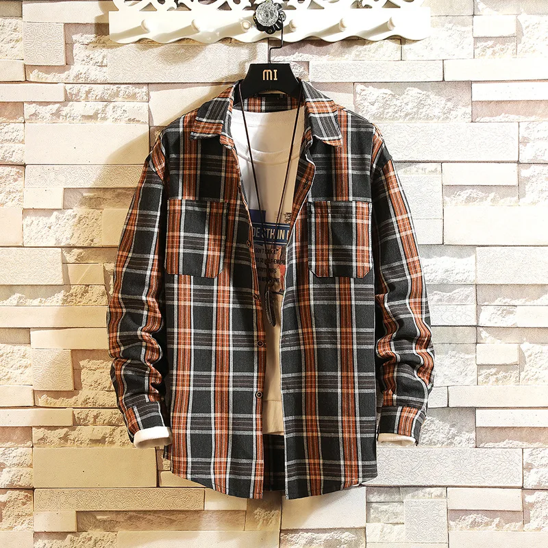 

#0200 Man Shirts High Quality 2020 Spring Autumn Long Sleeve Plaid Shirt For Men Casual Cotton Loose Plus Asian Size M-5XL