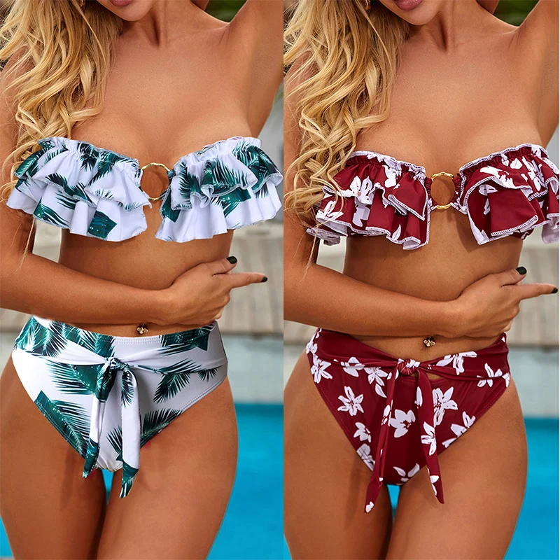 Sexy micro bandeau bikinis 2020 mujer Floral print swimsuit female Ring swimwear women Ruffles High waist biquinis bathing suit | Женская