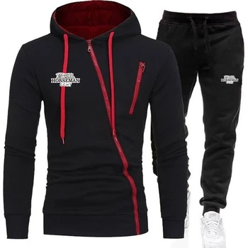 

Carriage 2020 new men's solid color leisure high quality Hoodie + trousers suit men's pull rope diagonal zipper pants suit