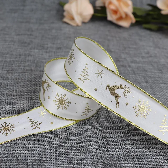 5 Yards 25mm Bronzing Christmas Ribbon Printed Polyester Ribbon For Christmas Decoration Gift Wrapping DIY Sewing Fabric E3