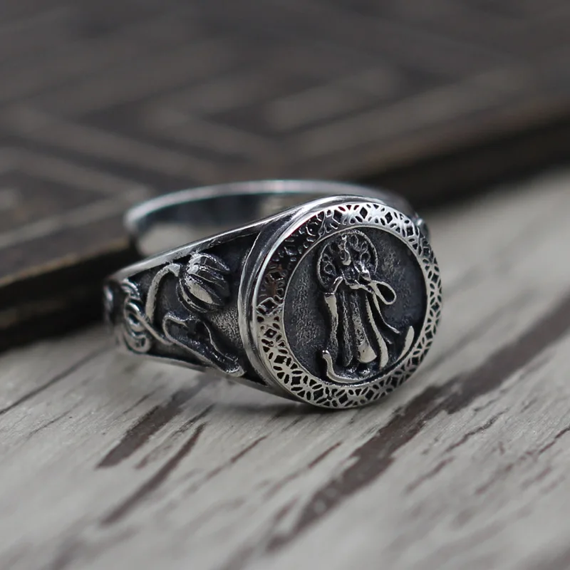 

Thai Silver Retro Cool Guanyin Bodhisattva Adjustable Rings Fine Silver 925 Make Unique zuo jiu kuan Ring