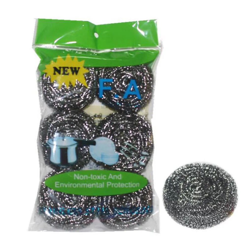 6PCs Stainless Steel Sponge Scrub Cleaning Cloth Wire Ball Scrubber Sponge Bathroom Kitchen