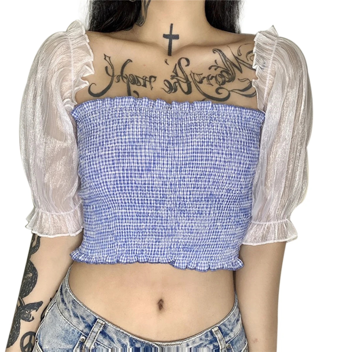 

Summer Ladies Sexy Chest Wrap, Girls Fashionable Off Shoulder Mesh Splicing Short Sleeve Temperament Top Streetwear