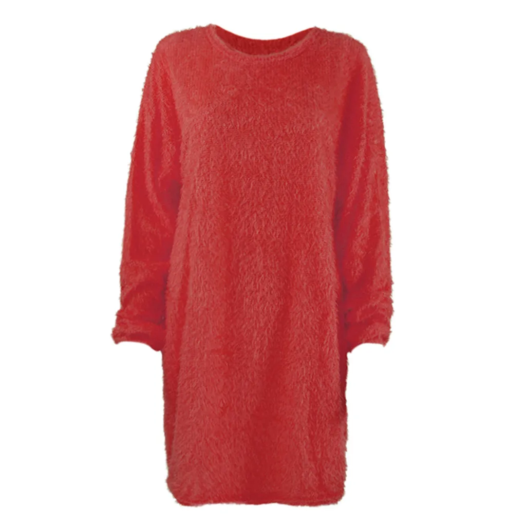 Женское зимнее вязаное платье-свитер, Осень-зима, мини-платье с круглым вырезом, длинный рукав, теплый свитер, платья с карманами, Vestidos De Festa - Цвет: Red TYM91028912RD