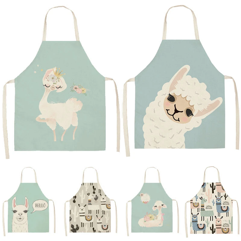 Aprons Pinafore Waist-Bib Alpaca Cactus Llama Printed Baking Kitchen Women Cotton Sleeveless