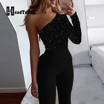 

Glitter One Shoulder Skew Neck Long Sleeve Rompers Women Jumpsuit Casual Long Sleeve Skinny One Piece Overalls