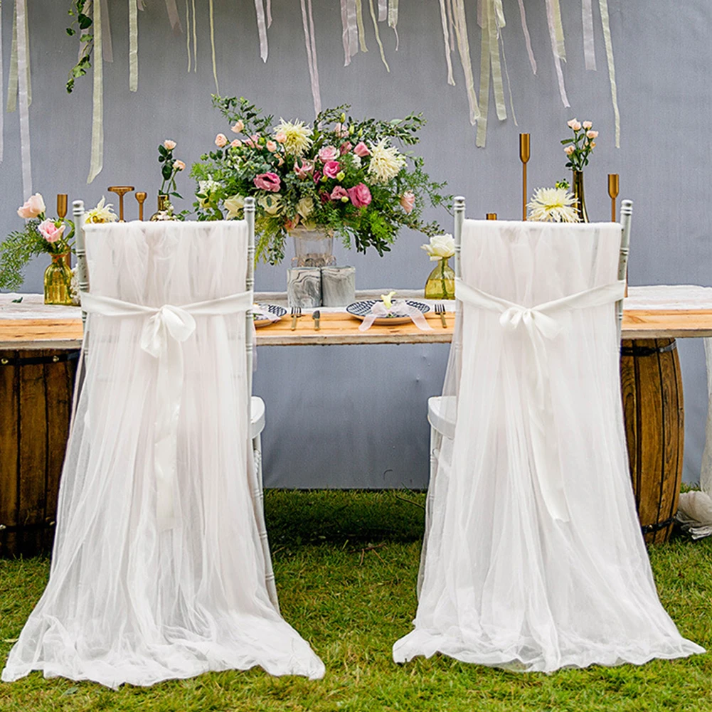 2PCS Party Lightweight Long Bridal Shower Outdoor Tulle Skirt Birthday Chair Cover Banquet Wedding Decoration Supplies With Bow