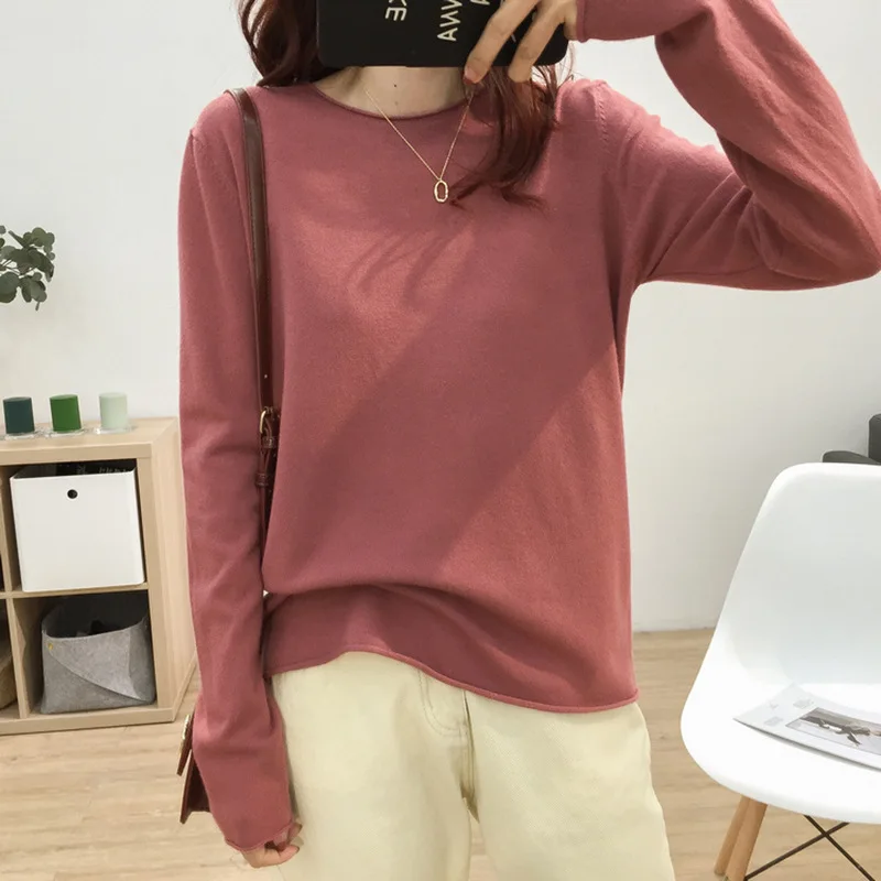 

2020 Autumn women small curling loose knitwear Casual Solid color O-neck thin sweater soft warm all-match knitwear base shirt