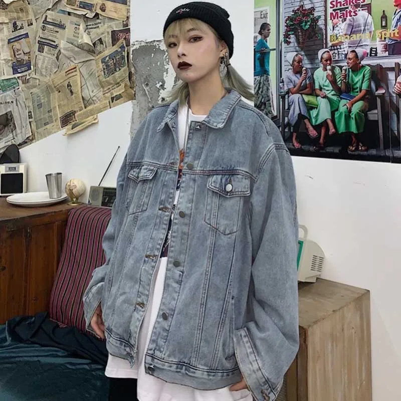 

NiceMix Denim Jacket Women Loose Long sleeve Coats Boyfriend Harajuku 2019 Spring Autumn New Denim Coats Female High quality