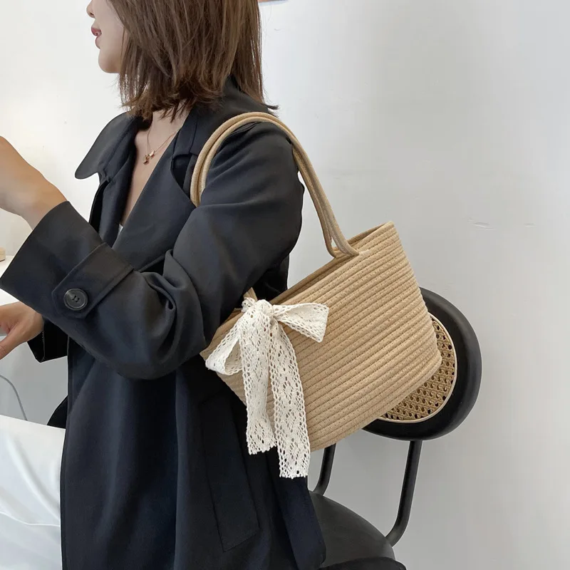 

Women Straw Handmade Woven Handbags Bohemian Underarm Shoulder Bag Summer Vocation Seaside Resort Women Top-handle Tote Bags
