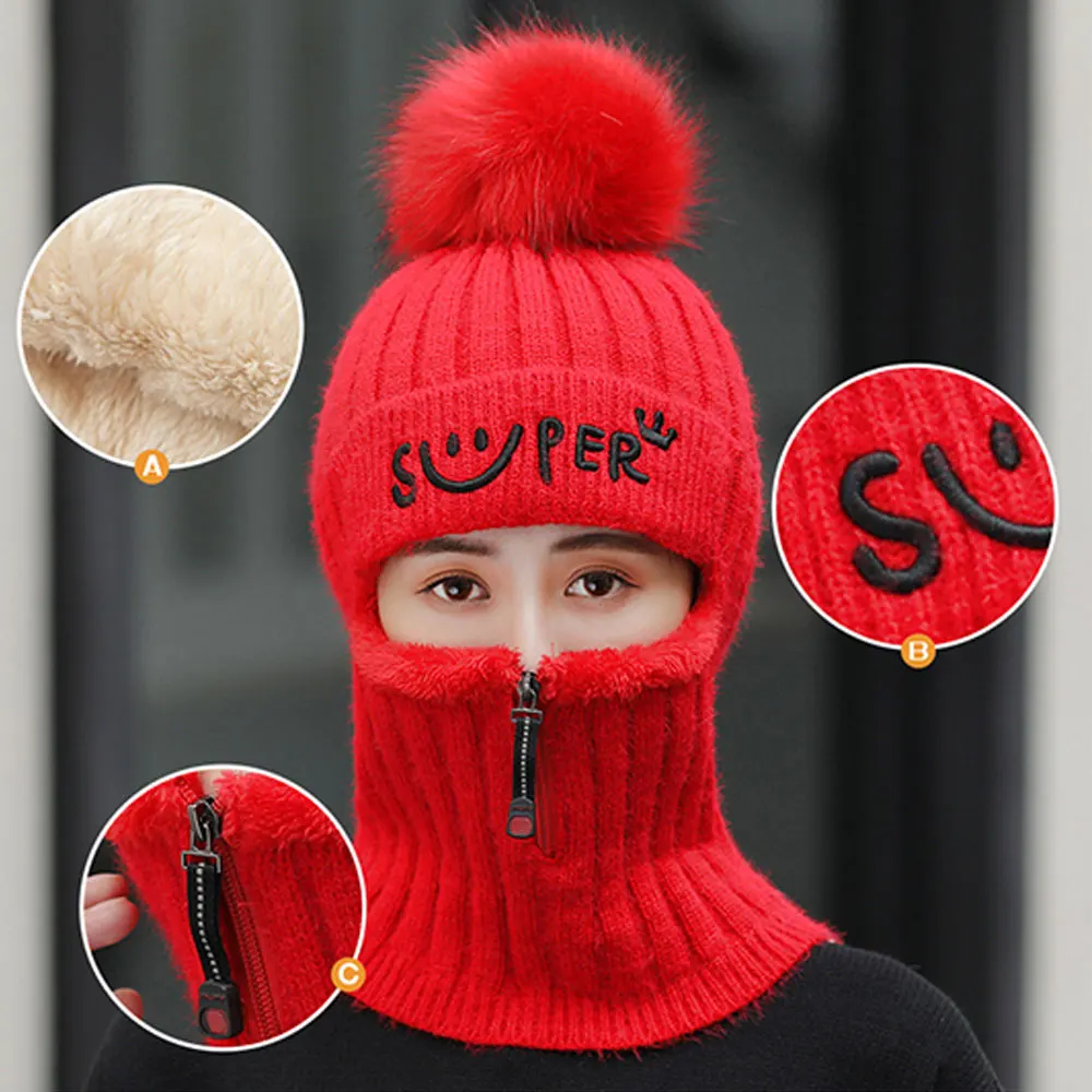 

New 3 in1 Women's Winter Cap Thick Bib Mask Ear Protector Cap Riding Hat Acrylic Knitted Warm Hats 55-59cm Winter Hats for Women