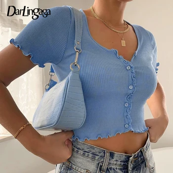 

Darlingaga Solid Short Sleeve Buttons Female T-shirt Fashion Summer Crop Top Tee Cardigan Elegant Ladies T shirt Ribbed Tops New