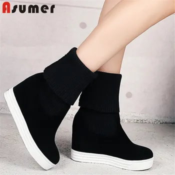 

ASUMER 2020 new arrive mid calf boots women flock round toe autumn winter Knitted elastic boots fashion wedges shoes woman