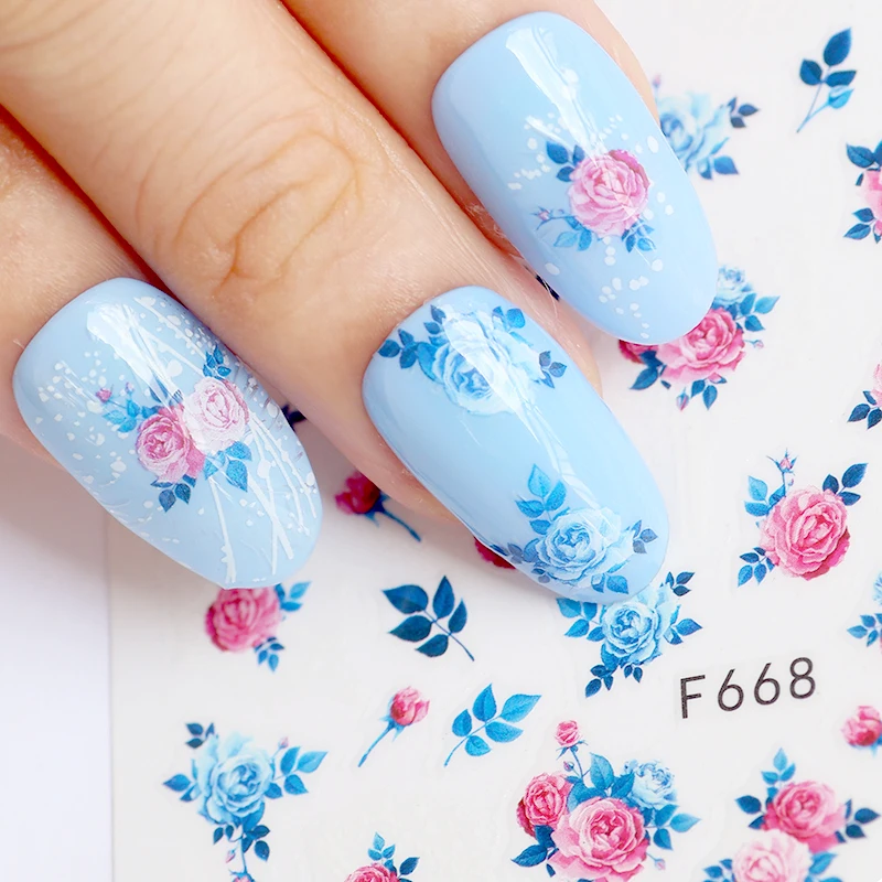 New 3d Stickers For Nails Romantic Blue Rose Flower Nail Sticker Foil Decals Nail Art Decorations Cool Manicure Accessories Stickers Decals Aliexpress