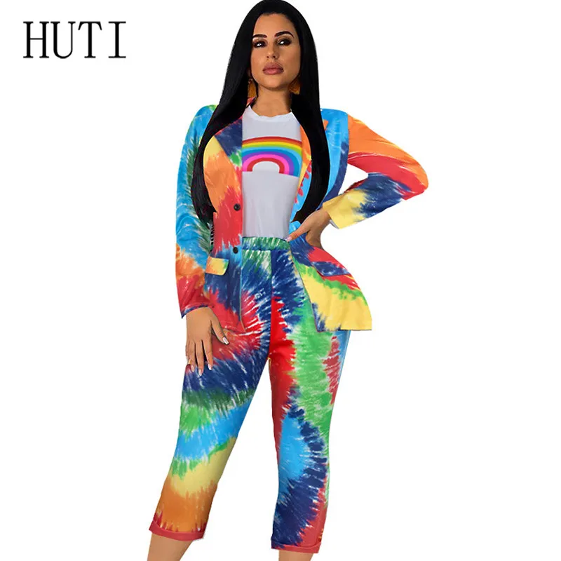 

HUTI Tie Dyeing Fashion Colorful Print Two Pieces Suits Notched Collar Blazer Jacket & Cropped Trousers Female Suit High Quality