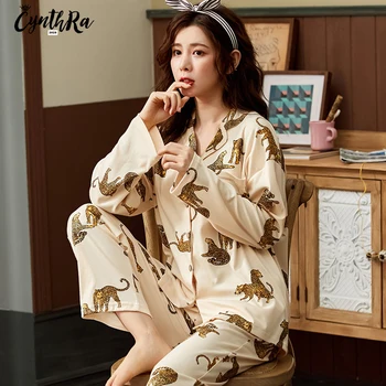 

CYNTHRA Women's Sleepwear Long-sleeved Autumn Cotton Loose Comfort Soft Keep Warm Large Plus Size Ladies Homewear Pajamas Set